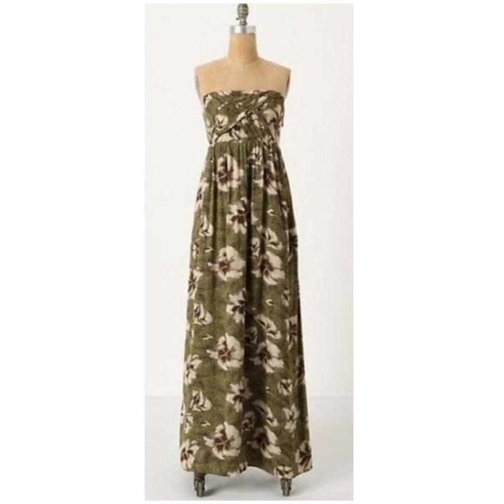 Anthropologie - Strapless Olive Floral Maxi Dress - Classic Summer Style